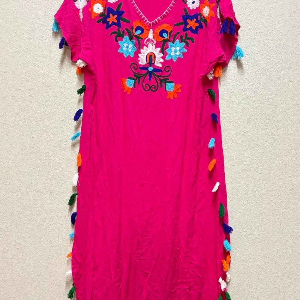 South Main Pink Floral Embroidered Tassel V-Neck Short Sleeve Maxi Dress L